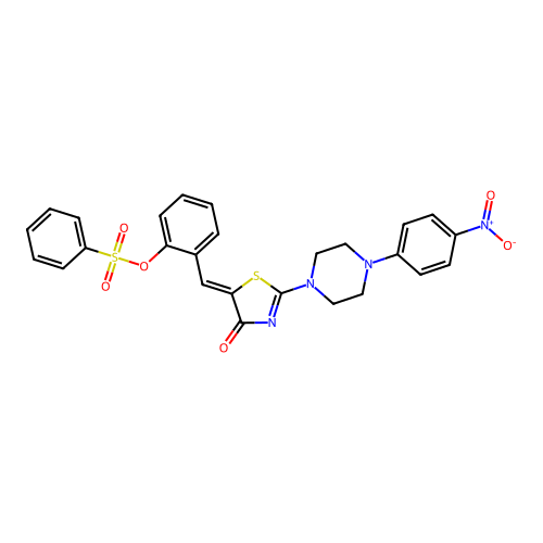 (Z)-2-((2-(4-(4-nitrophenyl)piperazin-1-yl)-4-oxothiazol-5(4H)-ylidene)methyl)phenyl benzenesulfonate structure