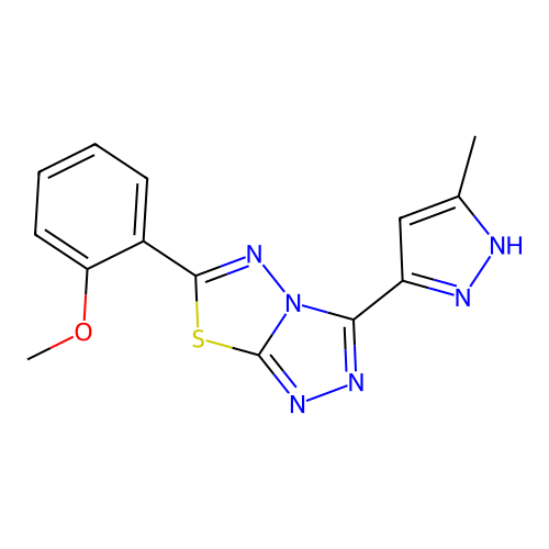 2-methoxy-1-[3-(3-methylpyrazol-5-yl)(1,2,4-triazolo[3,4-b]1,3,4-thiadiazolin- 6-yl)]benzene structure