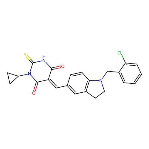 (5E)-5-[[1-[(2-chlorophenyl)methyl]-2,3-dihydroindol-5-yl]methylidene]-1-cyclopropyl-2-sulfanylidene-1,3-diazinane-4,6-dione structure