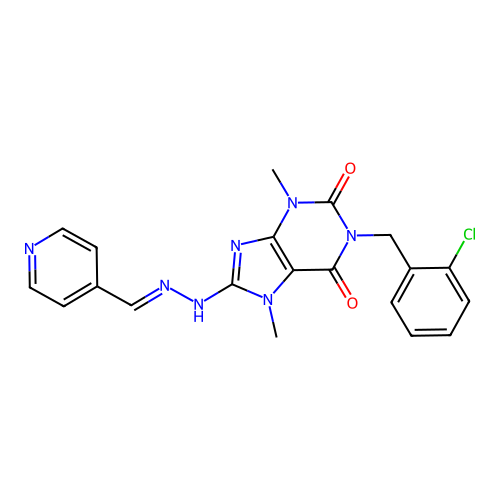 (E)-1-(2-chlorobenzyl)-3,7-dimethyl-8-(2-(pyridin-4-ylmethylene)hydrazinyl)-1H-purine-2,6(3H,7H)-dione structure