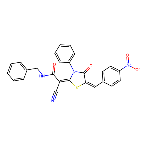 (E)-N-benzyl-2-cyano-2-((E)-5-(4-nitrobenzylidene)-4-oxo-3-phenylthiazolidin-2-ylidene)acetamide structure