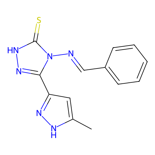 (E)-4-(benzylideneamino)-5-(3-methyl-1H-pyrazol-5-yl)-4H-1,2,4-triazole-3-thiol structure