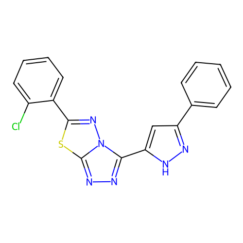 6-(2-chlorophenyl)-3-(3-phenyl-1H-pyrazol-5-yl)-[1,2,4]triazolo[3,4-b][1,3,4]thiadiazole structure