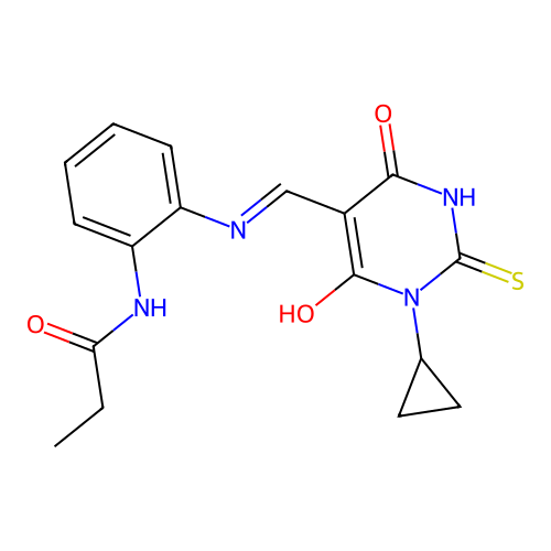 (E)-N-(2-(((1-cyclopropyl-4,6-dioxo-2-thioxotetrahydropyrimidin-5(2H)-ylidene)methyl)amino)phenyl)propionamide structure