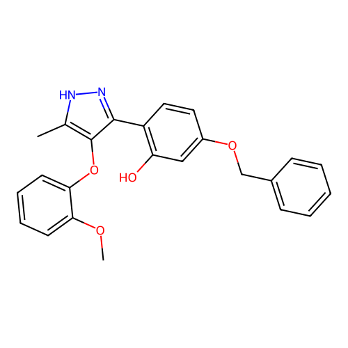 5-(benzyloxy)-2-(4-(2-methoxyphenoxy)-5-methyl-1H-pyrazol-3-yl)phenol structure