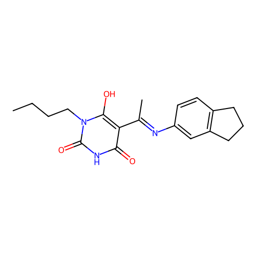 1-Butyl-5-[1-(indan-5-ylamino)-eth-(E)-ylidene]-pyrimidine-2,4,6-trione structure
