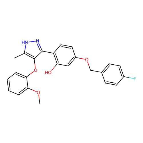 5-((4-fluorobenzyl)oxy)-2-(4-(2-methoxyphenoxy)-5-methyl-1H-pyrazol-3-yl)phenol structure