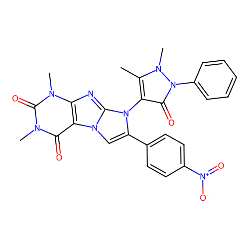 8-(1,5-dimethyl-3-oxo-2-phenyl-2,3-dihydro-1H-pyrazol-4-yl)-1,3-dimethyl-7-(4-nitrophenyl)-1H-imidazo[2,1-f]purine-2,4(3H,8H)-dione structure