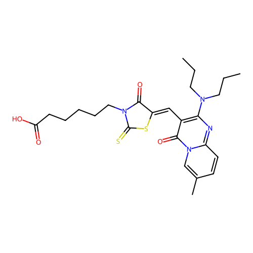 6-[(5Z)-5-{[2-(dipropylamino)-7-methyl-4-oxo-4H-pyrido[1,2-a]pyrimidin-3-yl]methylidene}-4-oxo-2-thioxo-1,3-thiazolidin-3-yl]hexanoic acid structure