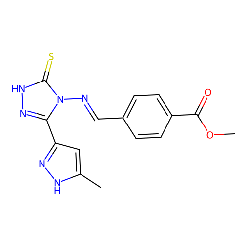 (E)-methyl 4-(((3-mercapto-5-(3-methyl-1H-pyrazol-5-yl)-4H-1,2,4-triazol-4-yl)imino)methyl)benzoate structure
