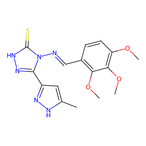 (E)-5-(3-methyl-1H-pyrazol-5-yl)-4-((2,3,4-trimethoxybenzylidene)amino)-4H-1,2,4-triazole-3-thiol structure