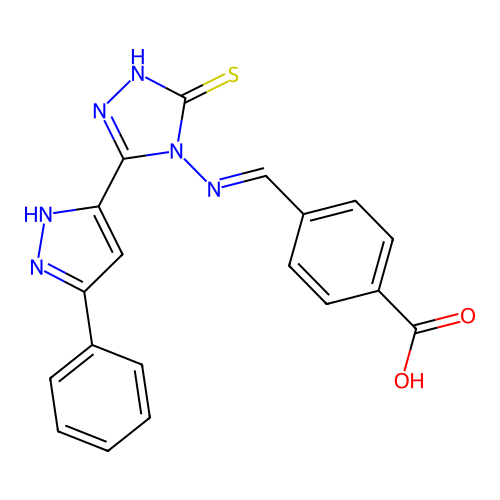 (E)-4-(((3-mercapto-5-(3-phenyl-1H-pyrazol-5-yl)-4H-1,2,4-triazol-4-yl)imino)methyl)benzoic acid structure