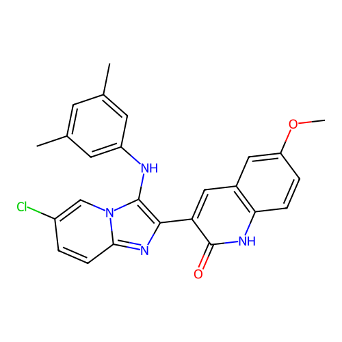 3-(6-chloro-3-((3,5-dimethylphenyl)amino)imidazo[1,2-a]pyridin-2-yl)-6-methoxyquinolin-2-ol structure