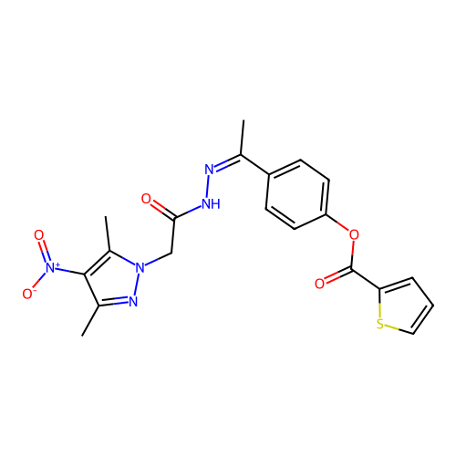 (Z)-4-(1-(2-(2-(3,5-dimethyl-4-nitro-1H-pyrazol-1-yl)acetyl)hydrazono)ethyl)phenyl thiophene-2-carboxylate structure