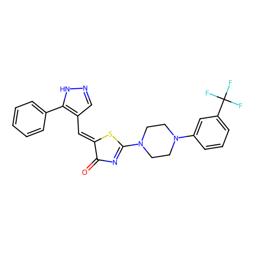 (5Z)-5-[(5-phenyl-1H-pyrazol-4-yl)methylidene]-2-[4-[3-(trifluoromethyl)phenyl]piperazin-1-yl]-1,3-thiazol-4-one structure