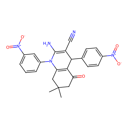 2-amino-7,7-dimethyl-1-(3-nitrophenyl)-4-(4-nitrophenyl)-5-oxo-1,4,5,6,7,8-hexahydroquinoline-3-carbonitrile structure