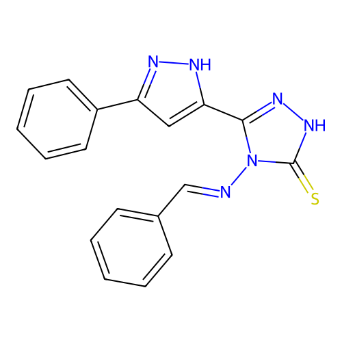 (E)-4-(benzylideneamino)-5-(3-phenyl-1H-pyrazol-5-yl)-4H-1,2,4-triazole-3-thiol structure