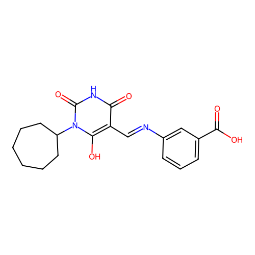 3-[(1-cycloheptyl-2,4,6-trioxo-1,3-diazinan-5-ylidene)methylamino]benzoic Acid structure