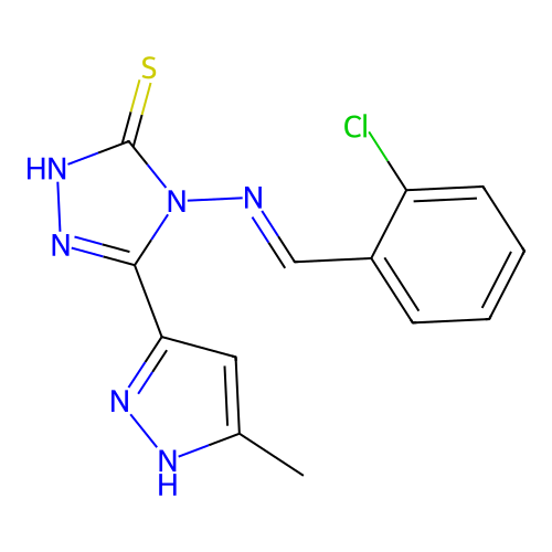 (E)-4-((2-chlorobenzylidene)amino)-5-(3-methyl-1H-pyrazol-5-yl)-4H-1,2,4-triazole-3-thiol structure