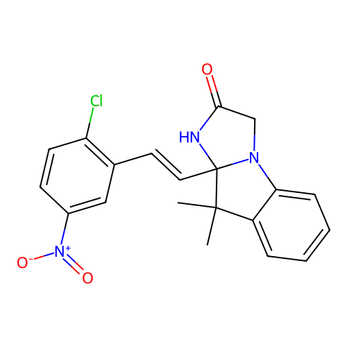 (E)-9a-(2-chloro-5-nitrostyryl)-9,9-dimethyl-9,9a-dihydro-1H-imidazo[1,2-a]indol-2(3H)-one structure
