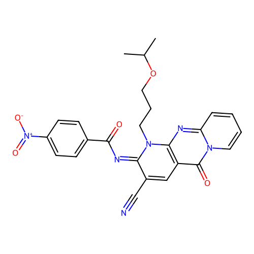 (E)-N-(3-cyano-1-(3-isopropoxypropyl)-5-oxo-1H-dipyrido[1,2-a:2',3'-d]pyrimidin-2(5H)-ylidene)-4-nitrobenzamide structure