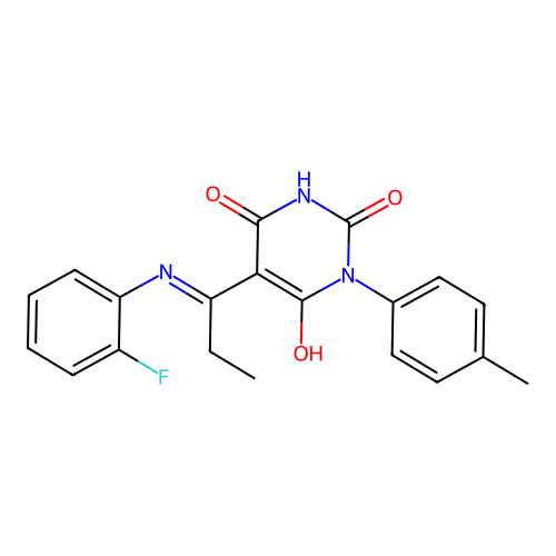 (5E)-5-[1-(2-fluoroanilino)propylidene]-1-(4-methylphenyl)-1,3-diazinane-2,4,6-trione structure