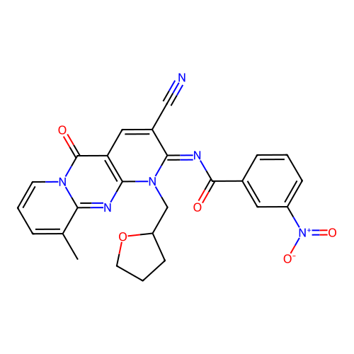 (E)-N-(3-cyano-10-methyl-5-oxo-1-((tetrahydrofuran-2-yl)methyl)-1H-dipyrido[1,2-a:2',3'-d]pyrimidin-2(5H)-ylidene)-3-nitrobenzamide structure