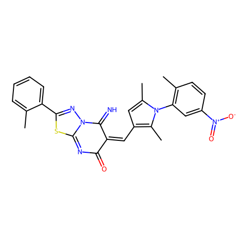 (E)-6-((2,5-dimethyl-1-(2-methyl-5-nitrophenyl)-1H-pyrrol-3-yl)methylene)-5-imino-2-(o-tolyl)-5H-[1,3,4]thiadiazolo[3,2-a]pyrimidin-7(6H)-one structure