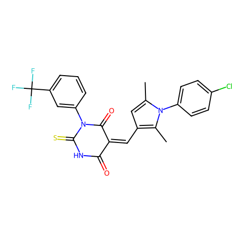(Z)-5-((1-(4-chlorophenyl)-2,5-dimethyl-1H-pyrrol-3-yl)methylene)-2-thioxo-1-(3-(trifluoromethyl)phenyl)dihydropyrimidine-4,6(1H,5H)-dione structure