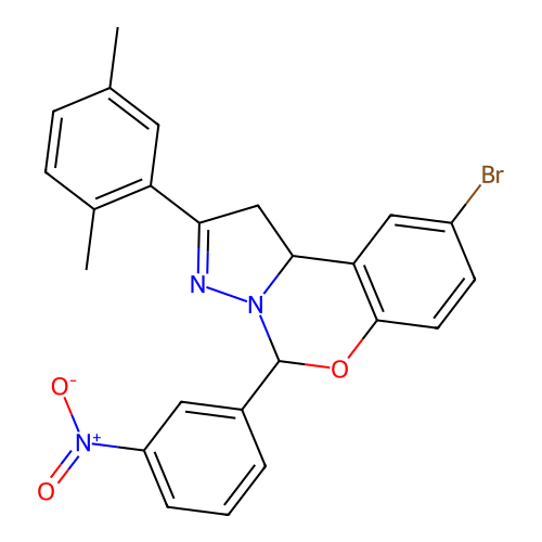9-(2,5-dimethylphenyl)-2-bromo-6-(3-nitrophenyl)-6H,10aH-benzo[e]2-pyrazolino[ 1,5-c]1,3-oxazine structure