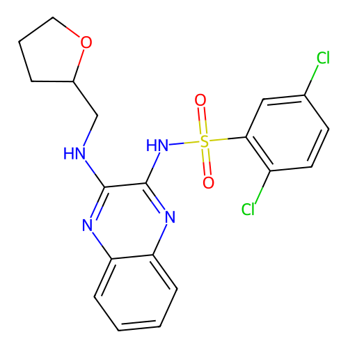 2,5-dichloro-N-(3-(((tetrahydrofuran-2-yl)methyl)amino)quinoxalin-2-yl)benzenesulfonamide structure