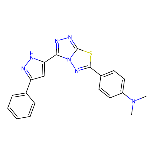 dimethyl{4-[3-(3-phenylpyrazol-5-yl)(1,2,4-triazolo[3,4-b]1,3,4-thiadiazolin-6 -yl)]phenyl}amine structure