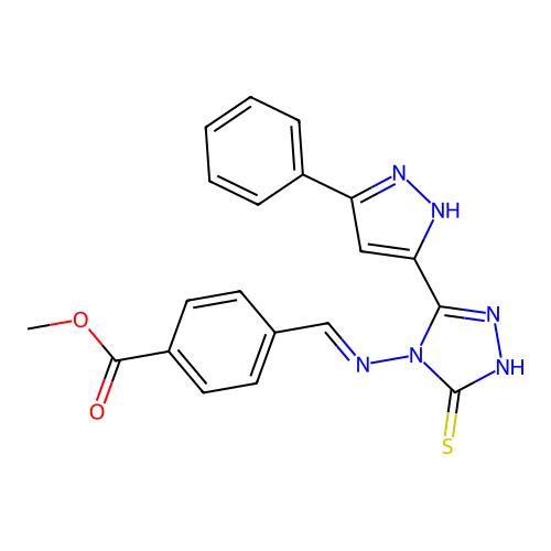 (E)-methyl 4-(((3-mercapto-5-(3-phenyl-1H-pyrazol-5-yl)-4H-1,2,4-triazol-4-yl)imino)methyl)benzoate structure