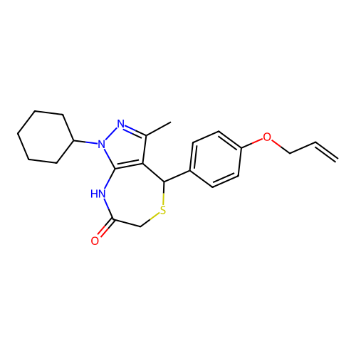 1-cyclohexyl-3-methyl-4-(4-prop-2-enoxyphenyl)-2,4-dihydropyrazolo[3,4-e][1,4]thiazepin-7-one structure