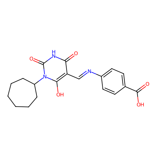 4-[(1-cycloheptyl-2,4,6-trioxo-1,3-diazinan-5-ylidene)methylamino]benzoic Acid structure