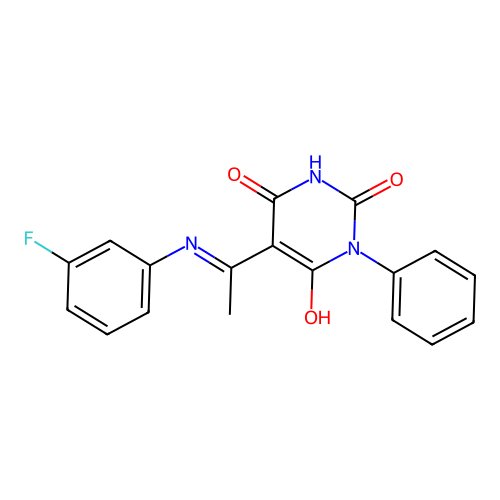 (E)-5-(1-((3-fluorophenyl)amino)ethylidene)-1-phenylpyrimidine-2,4,6(1H,3H,5H)-trione structure