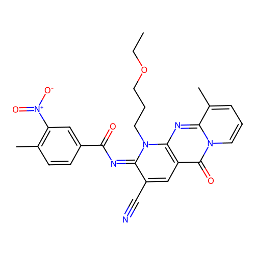 (E)-N-(3-cyano-1-(3-ethoxypropyl)-10-methyl-5-oxo-1H-dipyrido[1,2-a:2',3'-d]pyrimidin-2(5H)-ylidene)-4-methyl-3-nitrobenzamide structure