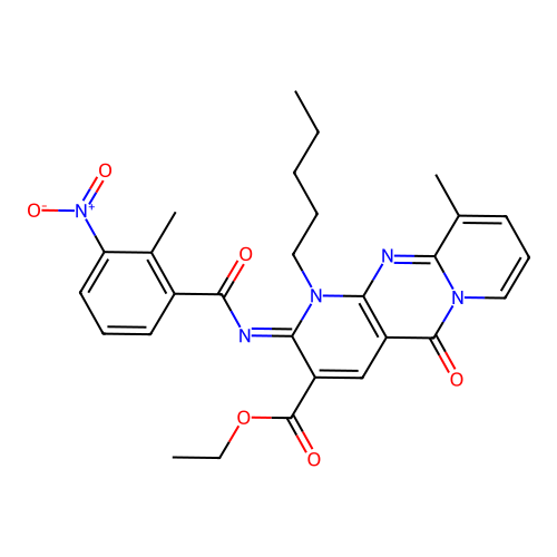 (Z)-ethyl 10-methyl-2-((2-methyl-3-nitrobenzoyl)imino)-5-oxo-1-pentyl-2,5-dihydro-1H-dipyrido[1,2-a:2',3'-d]pyrimidine-3-carboxylate structure