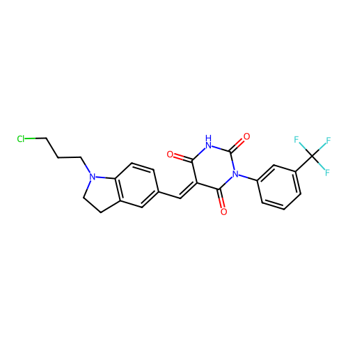 (5E)-5-[[1-(3-chloropropyl)-2,3-dihydroindol-5-yl]methylidene]-1-[3-(trifluoromethyl)phenyl]-1,3-diazinane-2,4,6-trione structure