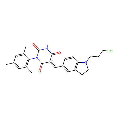 (5E)-5-[[1-(3-chloropropyl)-2,3-dihydroindol-5-yl]methylidene]-1-(2,4,6-trimethylphenyl)-1,3-diazinane-2,4,6-trione structure