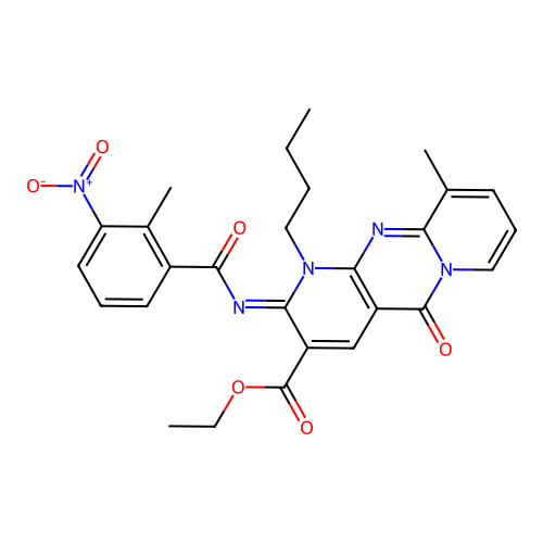ethyl (2Z)-1-butyl-10-methyl-2-{[(2-methyl-3-nitrophenyl)carbonyl]imino}-5-oxo-1,5-dihydro-2H-dipyrido[1,2-a:2',3'-d]pyrimidine-3-carboxylate structure
