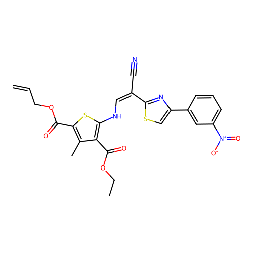 (Z)-2-allyl 4-ethyl 5-((2-cyano-2-(4-(3-nitrophenyl)thiazol-2-yl)vinyl)amino)-3-methylthiophene-2,4-dicarboxylate structure