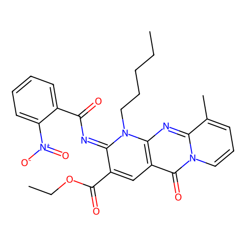 (Z)-ethyl 10-methyl-2-((2-nitrobenzoyl)imino)-5-oxo-1-pentyl-2,5-dihydro-1H-dipyrido[1,2-a:2',3'-d]pyrimidine-3-carboxylate structure