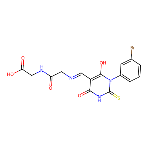 (E)-2-(2-(((1-(3-bromophenyl)-4,6-dioxo-2-thioxotetrahydropyrimidin-5(2H)-ylidene)methyl)amino)acetamido)acetic acid structure