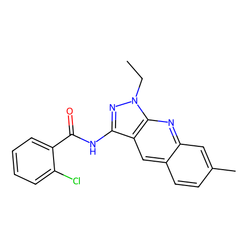 2-chloro-N-(1-ethyl-7-methylpyrazolo[3,4-b]quinolin-3-yl)benzamide structure