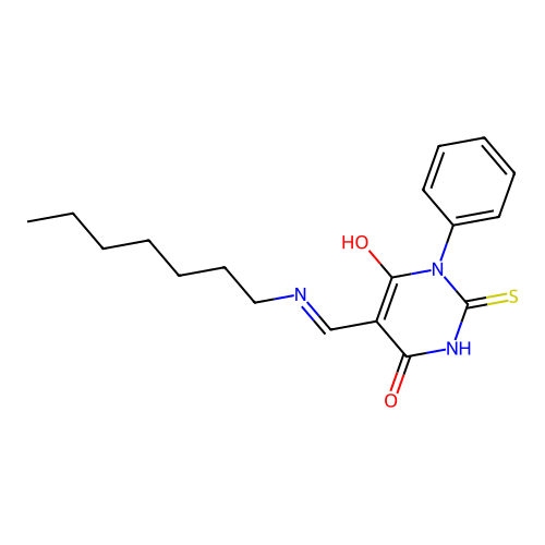 (5Z)-5-[(heptylamino)methylidene]-1-phenyl-2-sulfanylpyrimidine-4,6(1H,5H)-dione structure