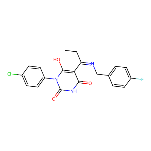 1-(4-chlorophenyl)-5-[1-[(4-fluorophenyl)methylamino]propylidene]-1,3-diazinane-2,4,6-trione structure