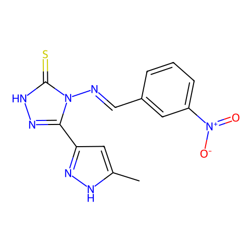 5-(5-Methyl-2H-pyrazol-3-yl)-4-{[1-(3-nitro-phenyl)-meth-(E)-ylidene]-amino}-4H-[1,2,4]triazole-3-thiol structure