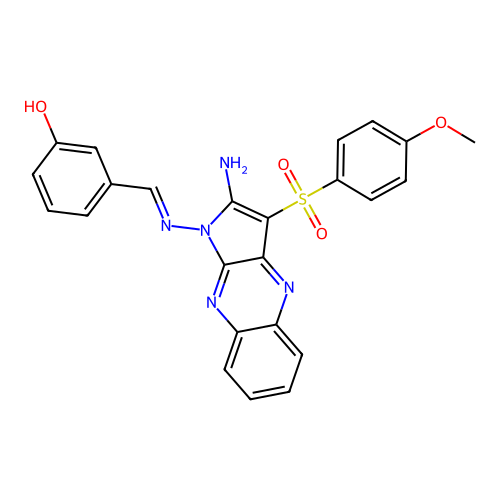 (E)-3-(((2-amino-3-((4-methoxyphenyl)sulfonyl)-1H-pyrrolo[2,3-b]quinoxalin-1-yl)imino)methyl)phenol structure