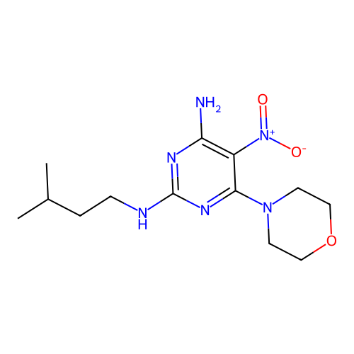 N~2~-(3-methylbutyl)-6-(morpholin-4-yl)-5-nitropyrimidine-2,4-diamine structure